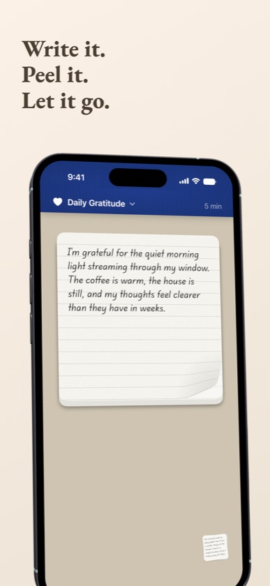 Writing screen: a square cream sheet with handwriting, corner curling, ready to peel.