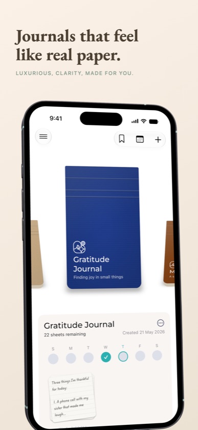Notebook carousel: covers in navy, kraft and leather with session details below.