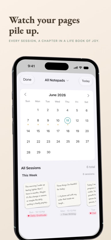 Calendar view of past writing sessions.